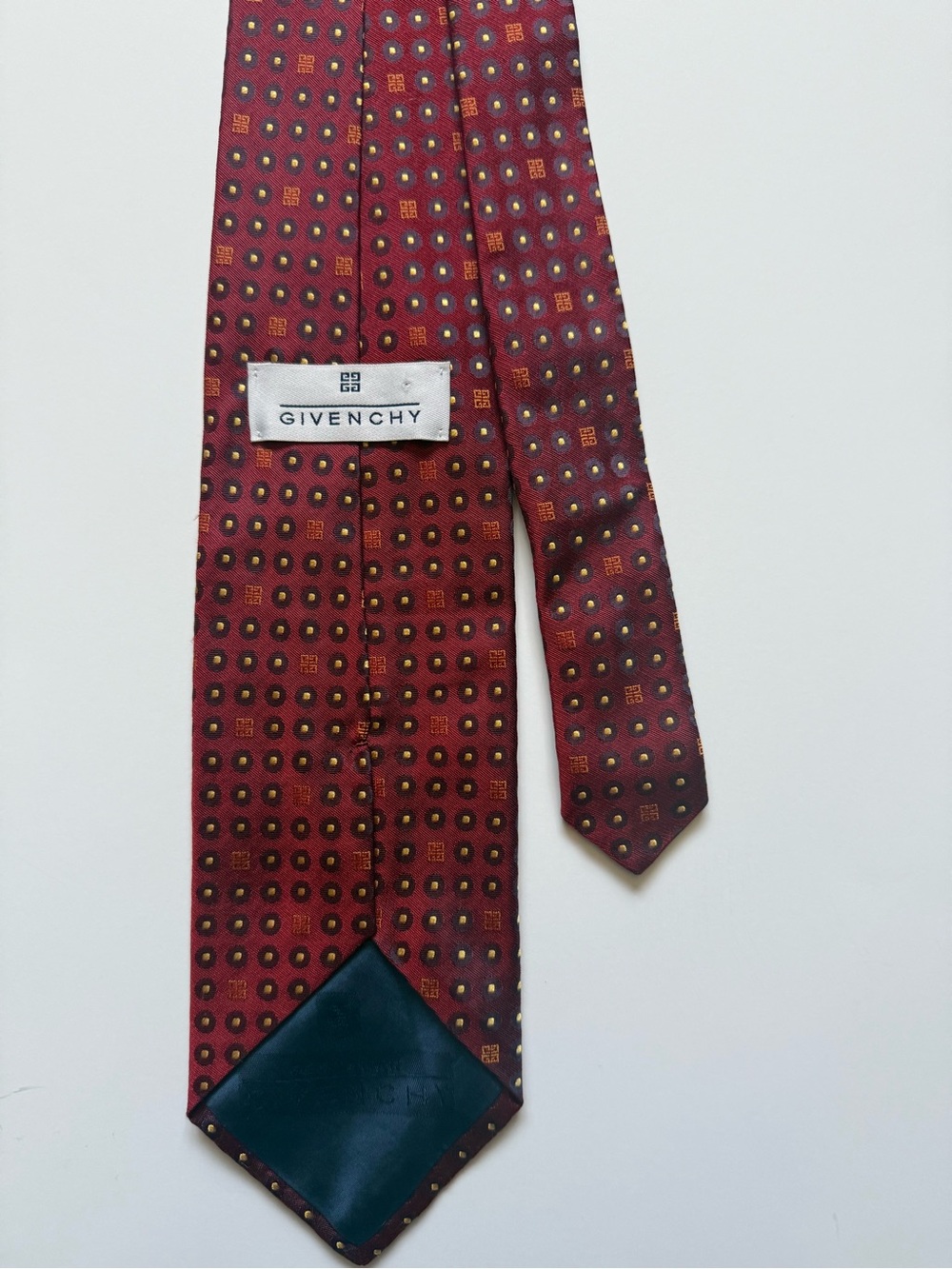 Givenchy Men's Red Burgundy Silk Tie with Gold & Black Dot Pattern